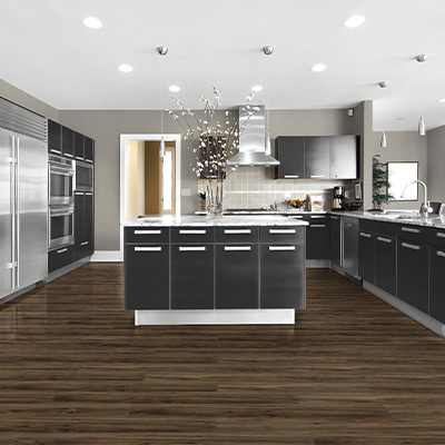 dark luxury vinyl plank flooring in kitchen